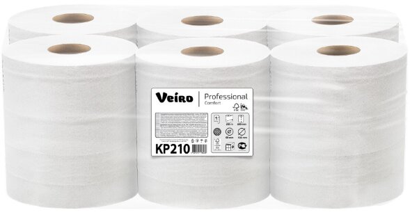 KP210 Бумажные полотенца в рулонах с центральной вытяжкой Veiro Professional Comfort, 6 рул. х 200 м, однослойные, белые, 31 г/м²