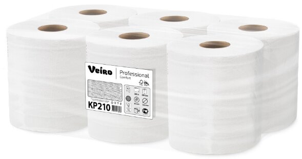 KP210 Бумажные полотенца в рулонах с центральной вытяжкой Veiro Professional Comfort, 6 рул. х 200 м, однослойные, белые, 31 г/м²