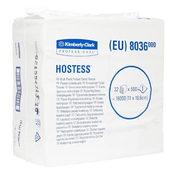 8036 Туалетная бумага Hostess, 32 пач. х 500 л, 18.6 × 11 см, однослойная, белая, 20 г/м²
