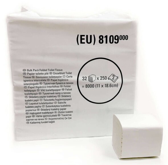 8109 Туалетная бумага Unbranded, 32 пач. х 250 л, 18.6 × 11 см, двухслойная, белая, 31 г/м²