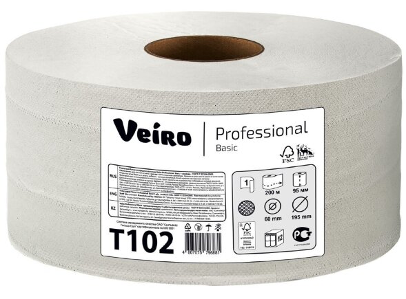 T102 Туалетная бумага в больших рулонах Veiro Professional Basic, 12 рул. х 200 м, однослойная, цвет натуральный, 25 г/м²