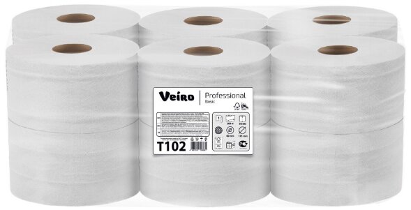 T102 Туалетная бумага в больших рулонах Veiro Professional Basic, 12 рул. х 200 м, однослойная, цвет натуральный, 25 г/м²