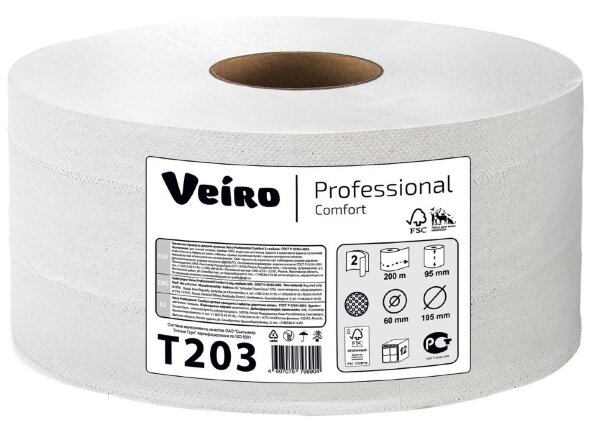T203 Туалетная бумага в средних рулонах Veiro Professional Comfort, 12 рул. х 200 м, двухслойная, белая, 34 г/м²