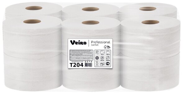 T204 Туалетная бумага в больших рулонах Veiro Professional Comfort, 12 рул. х 170 м, двухслойная, белая, 34 г/м²
