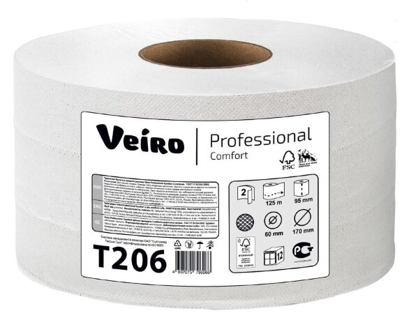 T206 Туалетная бумага в больших рулонах Veiro Professional Comfort, 12 рул. х 125 м, двухслойная, белая, 34 г/м²