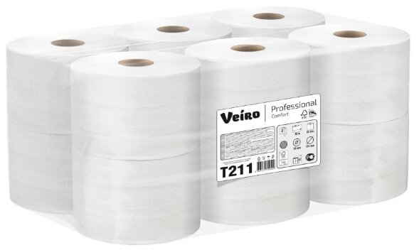 T211 Туалетная бумага в стандартных рулонах Veiro Professional Comfort, 12 рул. х 80 м, двухслойная, белая, 34 г/м²