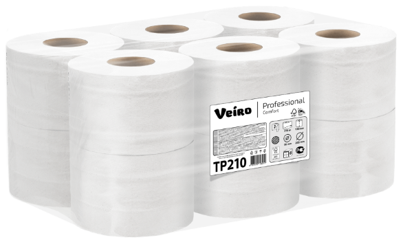 TP210 Туалетная бумага в больших рулонах с центральной вытяжкой Veiro Professional Comfort, 6 рул. х 125 м, двухслойная, белая, 34 г/м²