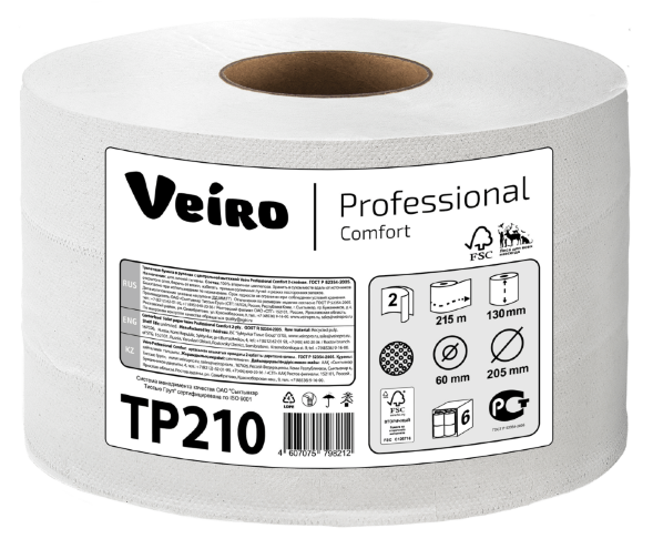 TP210 Туалетная бумага в больших рулонах с центральной вытяжкой Veiro Professional Comfort, 6 рул. х 125 м, двухслойная, белая, 34 г/м²