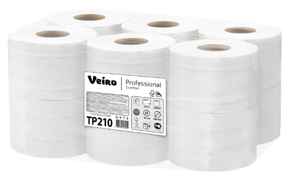 TP210 Туалетная бумага в больших рулонах с центральной вытяжкой Veiro Professional Comfort, 6 рул. х 125 м, двухслойная, белая, 34 г/м²