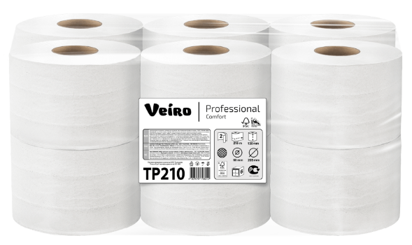 TP210 Туалетная бумага в больших рулонах с центральной вытяжкой Veiro Professional Comfort, 6 рул. х 125 м, двухслойная, белая, 34 г/м²