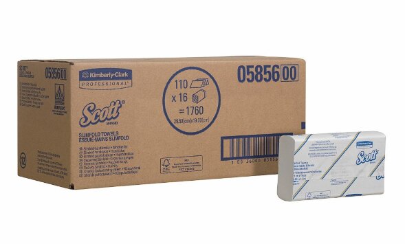 5856 Бумажные полотенца Scott SlimFold , 16 пач. х 110 л, 29.5 × 19 см, однослойные, белые, 27.8 г/м²