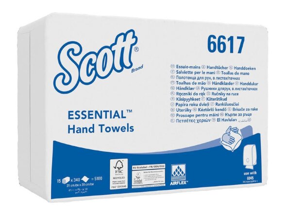 6617 Бумажные полотенца Scott Essential, 15 пач. х 340 л, 21 × 20 см, однослойные, белые