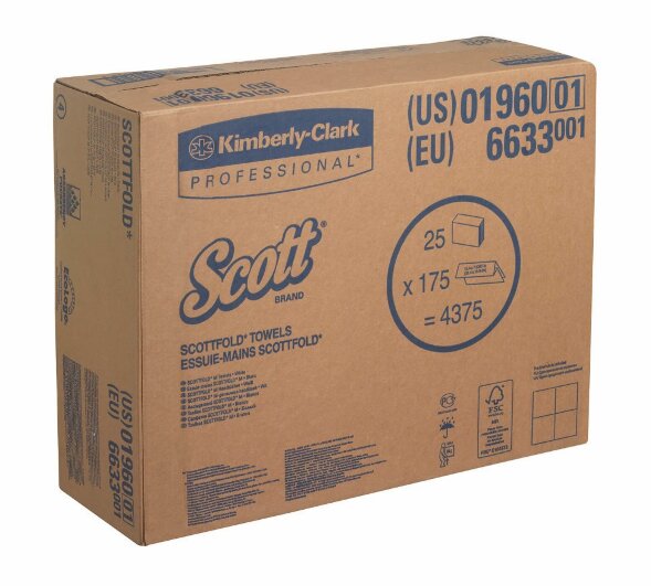 6633 Бумажные полотенца Scott Scottfold M, 25 пач. x 175 л, 31.5 × 20 см, однослойные, белые, 30,3 г/м²