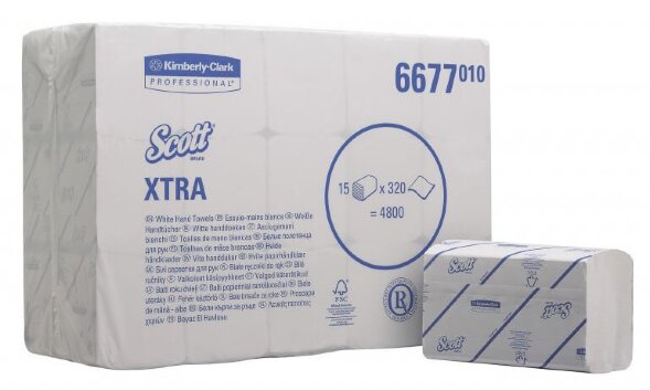 6677 Бумажные полотенца Scott Xtra, 15 пач. х 320 л, 21 × 20 см, однослойные, белые, 26.5 г/м²