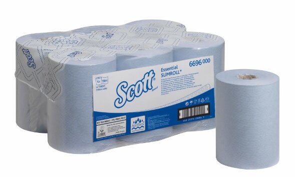 6696 Бумажные полотенца Scott Essential Slimroll, 6 рул. x 190 м, однослойные, голубые, 25 г/м²