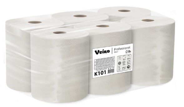 K101 Бумажные полотенца в рулонах Veiro Professional Basic, 6 рул. х 180 м, однослойные, натурального цвета, 38 г/м²