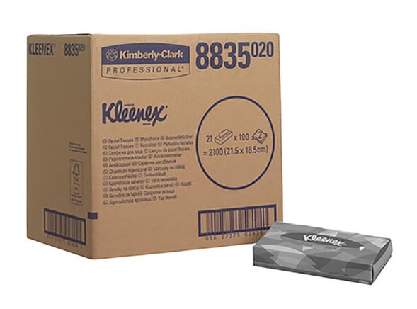 8835 Салфетки косметические для лица Kleenex, 21 кор. х 100 л, 21.5 × 18.6 см, двухслойные, белые, 30.8 г/м²