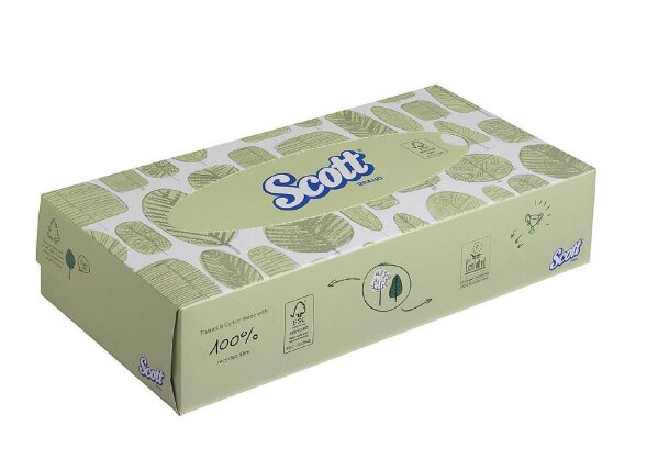 8837 Салфетки косметические для лица Scott, 21 кор. х 100 л, 21.5 × 18.6 см, двухслойные, белые, 28 г/м²