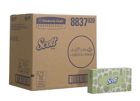 8837 Салфетки косметические для лица Scott, 21 кор. х 100 л, 21.5 × 18.6 см, двухслойные, белые, 28 г/м²