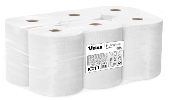 K211 Бумажные полотенца в рулонах Veiro Professional Comfort, 6 рул. х 150 м, однослойные, белые, 32 г/м²