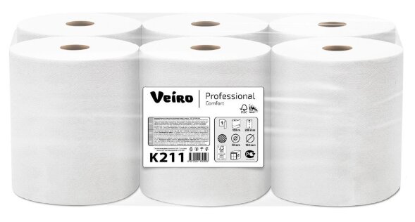 K211 Бумажные полотенца в рулонах Veiro Professional Comfort, 6 рул. х 150 м, однослойные, белые, 32 г/м²