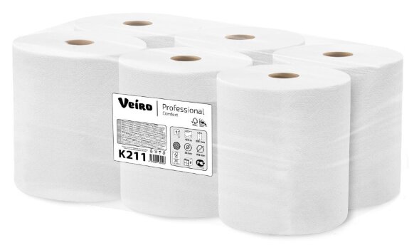 K211 Бумажные полотенца в рулонах Veiro Professional Comfort, 6 рул. х 150 м, однослойные, белые, 32 г/м²